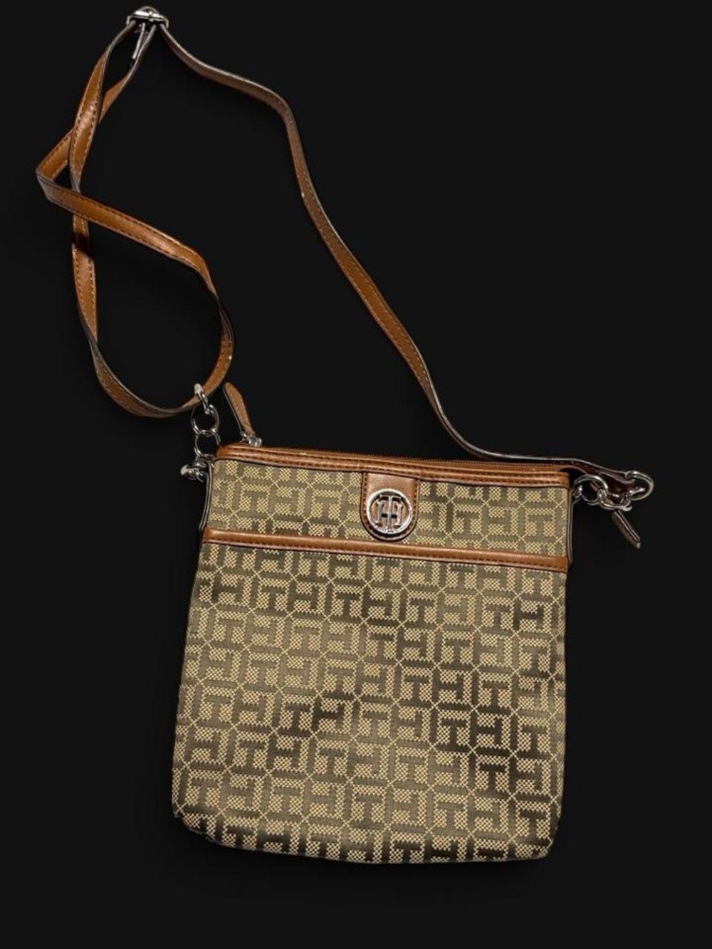 Tommy Hilfiger Brown Monogram Crossbody with Tan Leather Trim